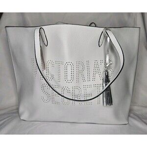 NWT Victoria’s Secret White Logo Tote Bag Faux Leather Tassel